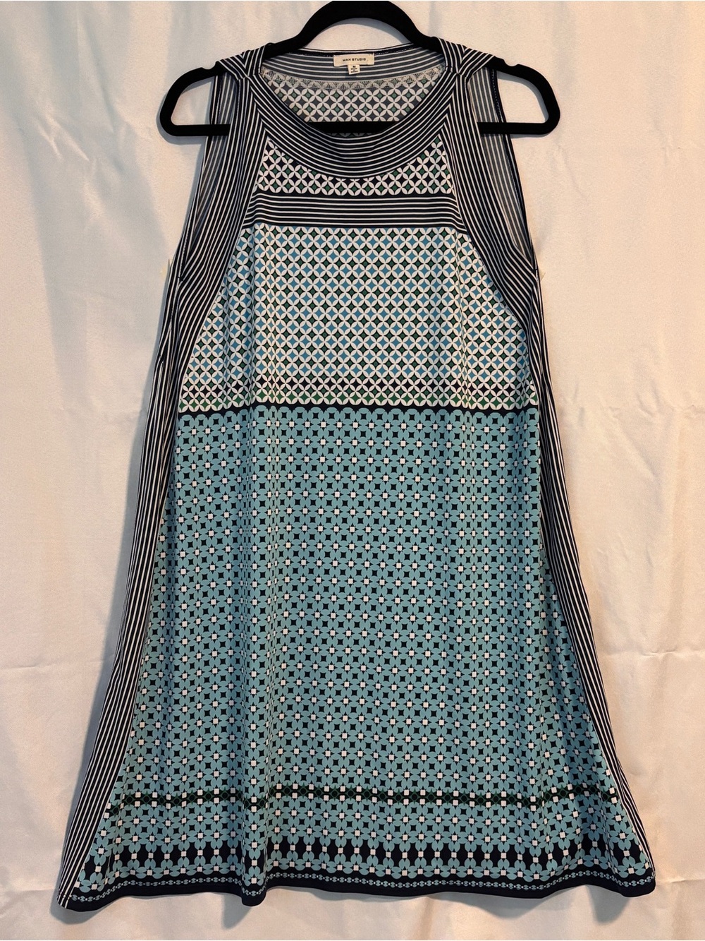 Max Studio Multi Blue  Sleeveless Midi A Line Dress ~ Sz Med Boho Contemporary